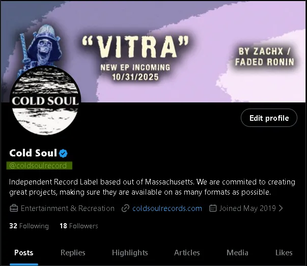 My actual Cold Soul Records profile - @coldsoulrecord, one letter short