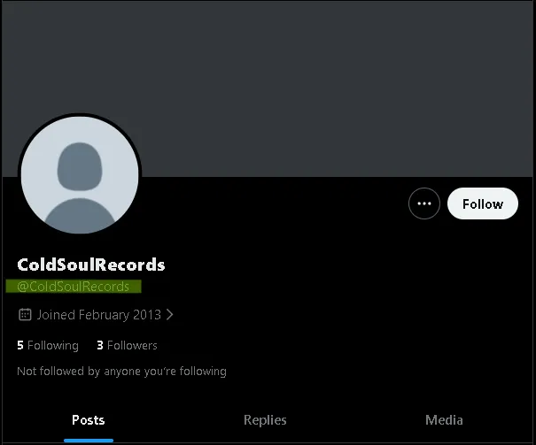 The abandoned @ColdSoulRecords profile - dormant since 2013 with zero activity