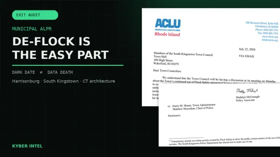 Kyber Intel title treatment over ACLU of Rhode Island letter pages: De-Flock is the easy part; dark date is not data death.