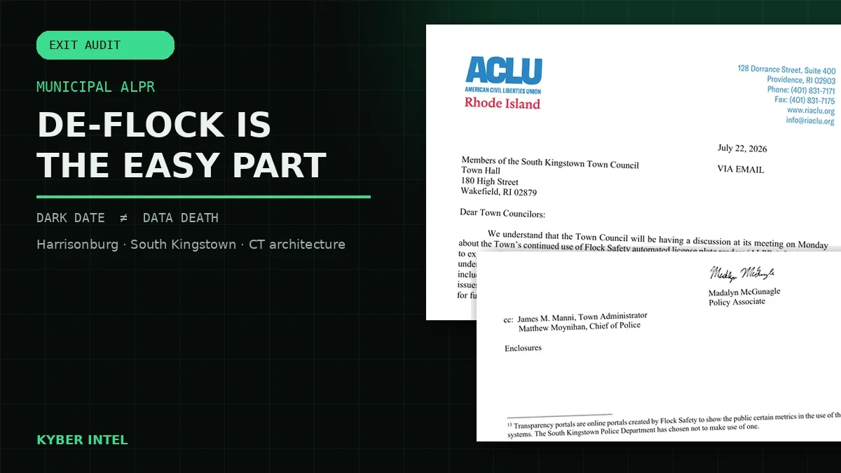 Kyber Intel title treatment over ACLU of Rhode Island letter pages: De-Flock is the easy part; dark date is not data death.