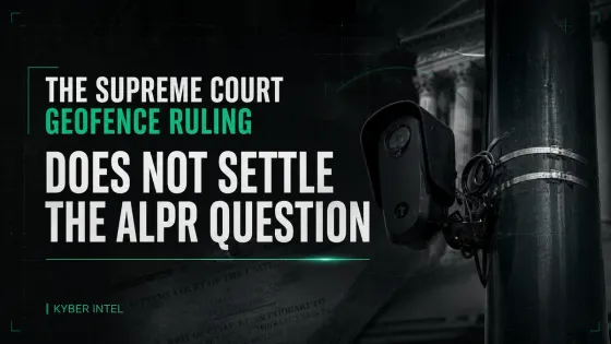 A roadside Flock license-plate reader beside the headline that the Supreme Court’s geofence ruling does not settle the ALPR question.