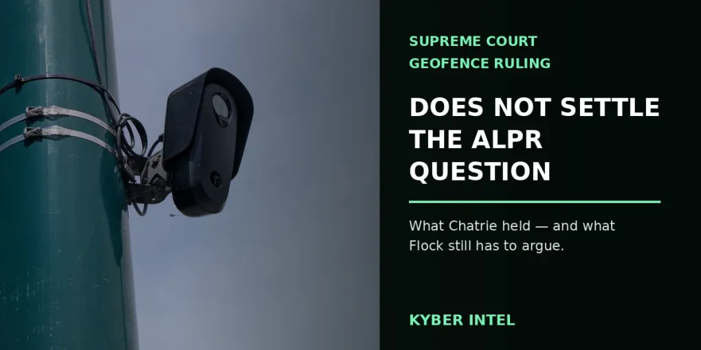 A roadside Flock license-plate reader beside the headline that the Supreme Court’s geofence ruling does not settle the ALPR question.