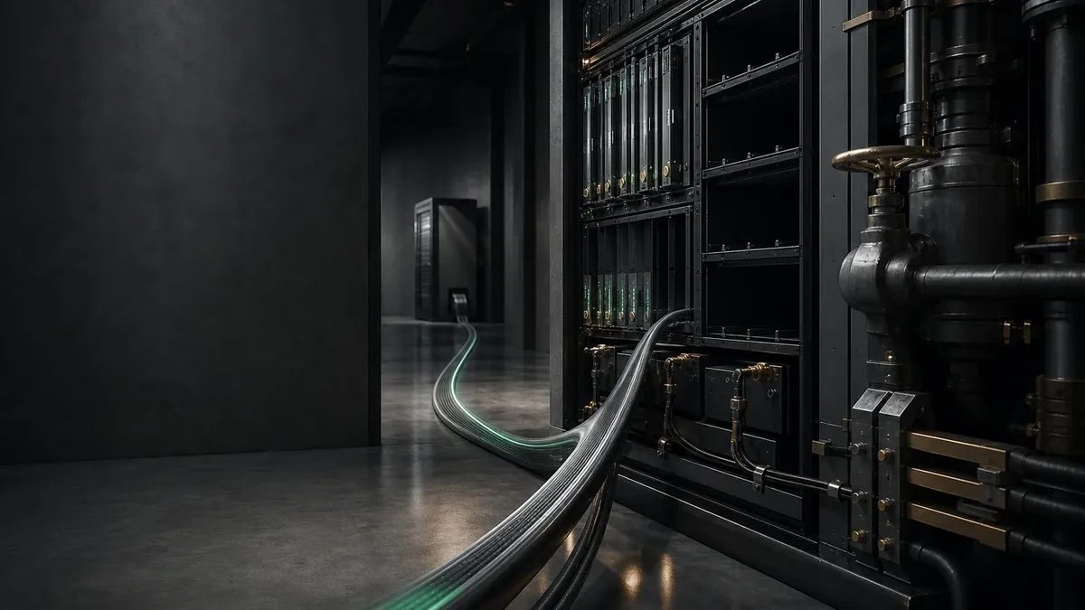Conceptual editorial artwork of an application cable depending on a single remote compute rack with visibly empty module bays and constrained physical infrastructure.