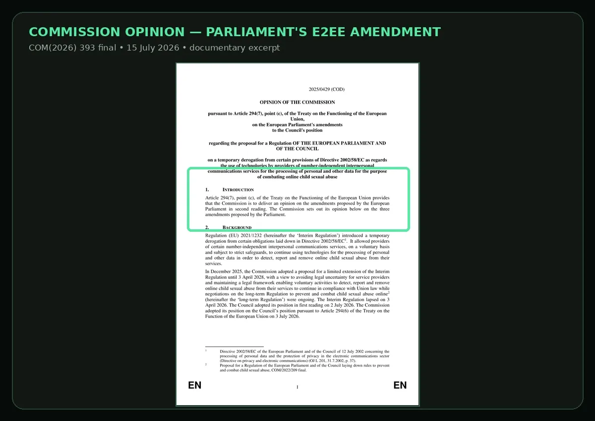 Documentary rendering of page 2 of Commission opinion COM(2026) 393, with section 4 bordered; the section says Parliament’s three amendments exclude communications to which end-to-end encryption is, has been, or will be applied.