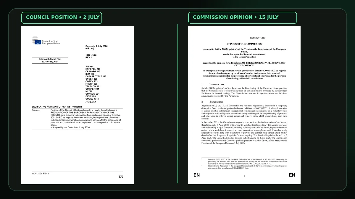 Documentary montage of the EU Council position and Commission opinion on the temporary ePrivacy derogation, including the section describing Parliament’s end-to-end encryption exclusion.