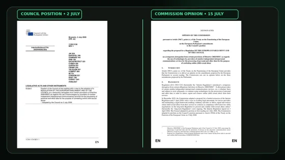 Documentary montage of the EU Council position and Commission opinion on the temporary ePrivacy derogation, including the section describing Parliament’s end-to-end encryption exclusion.