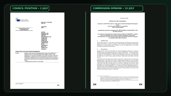 Documentary montage of the EU Council position and Commission opinion on the temporary ePrivacy derogation, including the section describing Parliament’s end-to-end encryption exclusion.