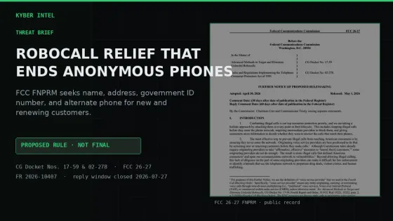 Kyber Intel threat brief title treatment over the first page of FCC FNPRM 26-27: Robocall Relief That Ends Anonymous Phones, labeled proposed rule not final.