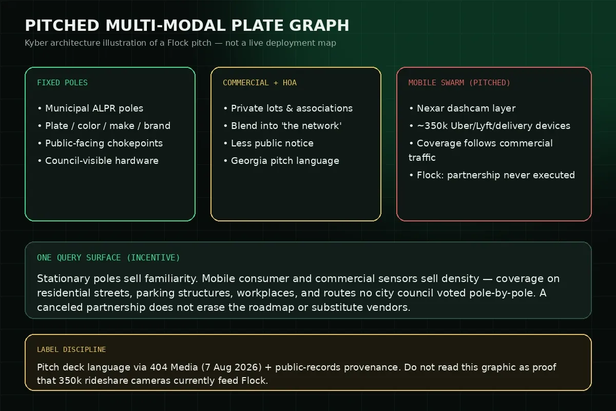 Kyber architecture illustration of fixed poles, HOA/commercial cameras, and a pitched mobile dashcam layer feeding one query surface.