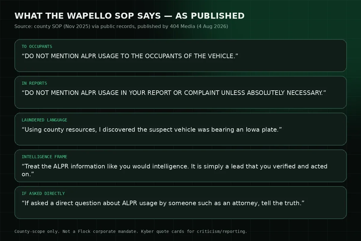 Documentary quote card of Wapello County ALPR SOP language as published by 404 Media.