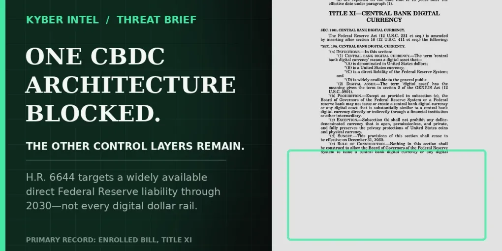 Editorial image pairing the Title XI text of H.R. 6644 with the statement that one CBDC architecture is blocked while other digital-dollar control layers remain.