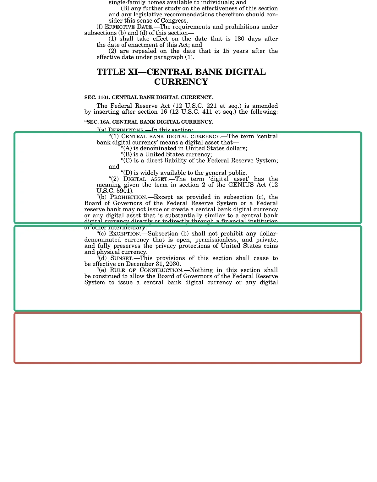 Annotated crop of page 138 of the enrolled H.R. 6644 showing the Title XI definition, prohibition, privacy exception, and December 31, 2030 sunset.