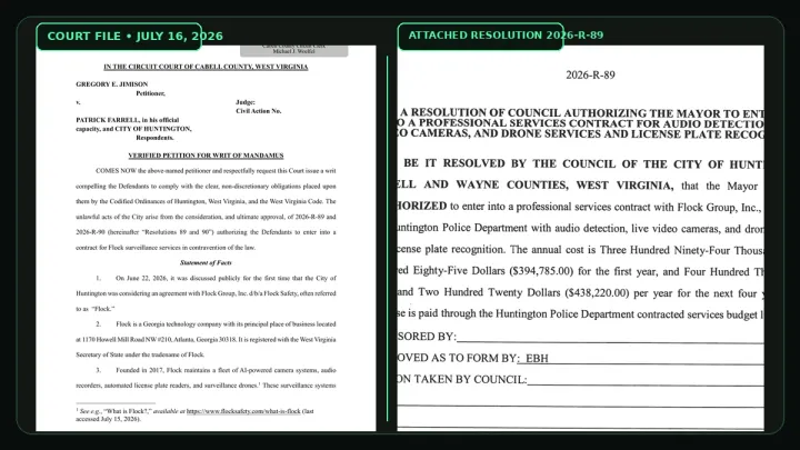 Court-stamped mandamus petition beside Huntington Resolution 2026-R-89 authorizing audio detection, live video, drones, and license-plate recognition.
