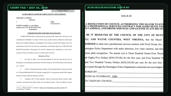 Court-stamped mandamus petition beside Huntington Resolution 2026-R-89 authorizing audio detection, live video, drones, and license-plate recognition.