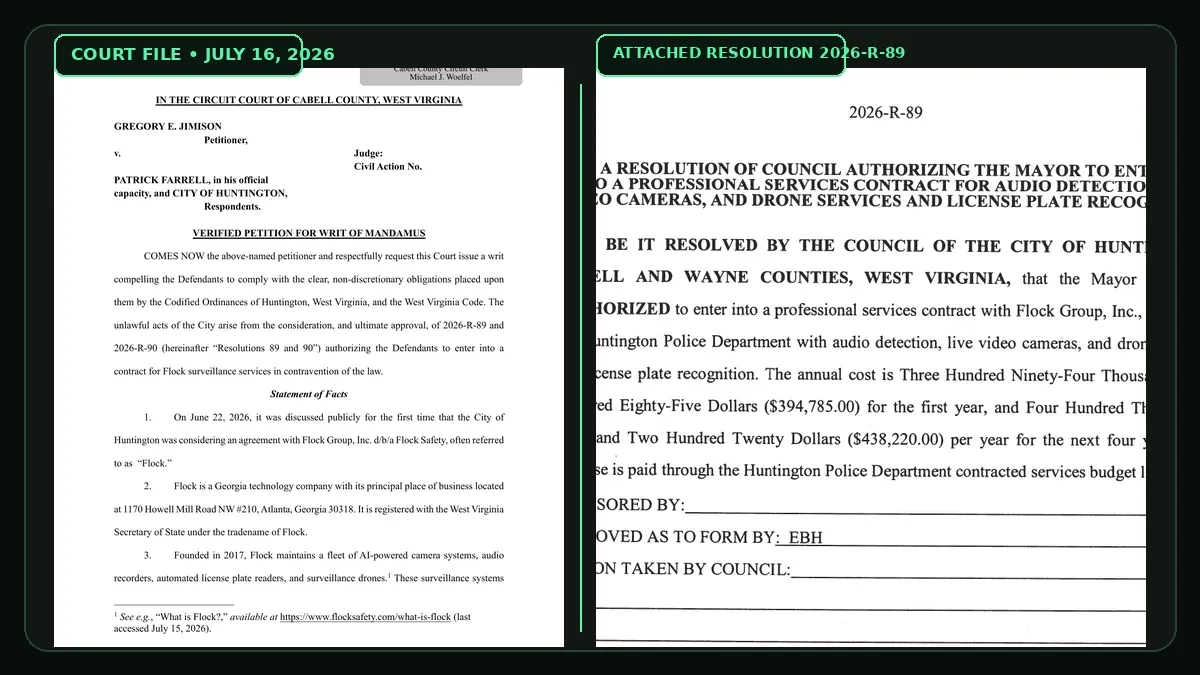 Court-stamped mandamus petition beside Huntington Resolution 2026-R-89 authorizing audio detection, live video, drones, and license-plate recognition.