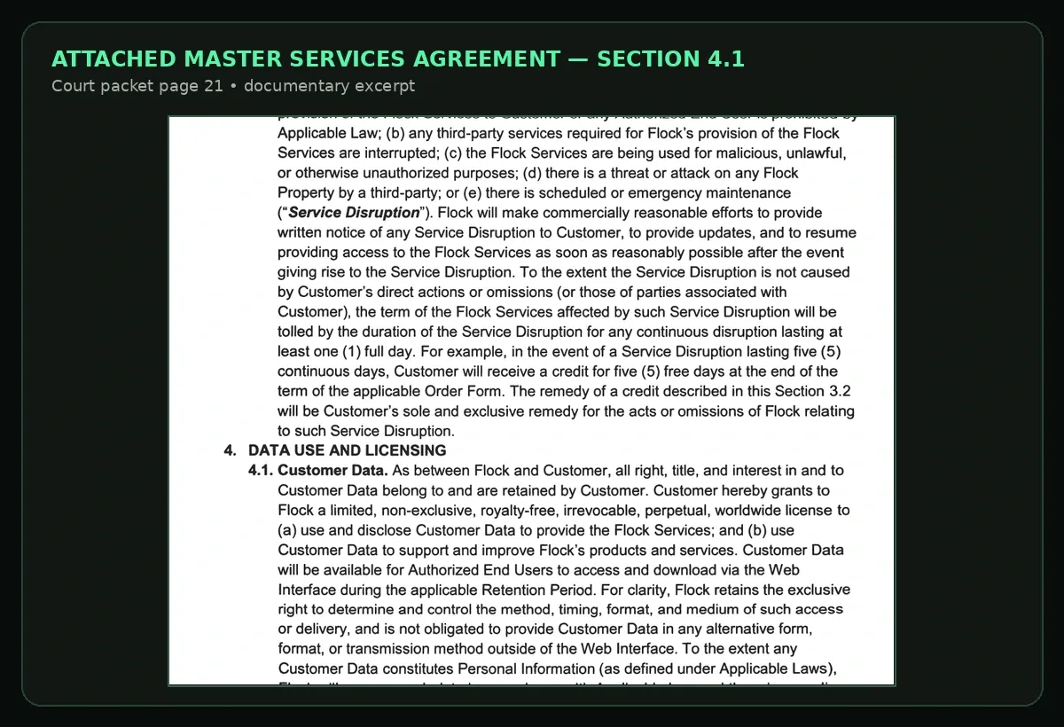 Documentary excerpt of Section 4.1 of the Master Services Agreement attached to the Huntington court petition, showing customer ownership, Flock’s perpetual use license, and web-interface delivery terms.