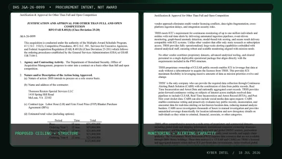 Documentary montage of the DHS sole-source justification showing the proposed 125 million dollar ceiling and capacity for continuous monitoring of up to one million people and entities.