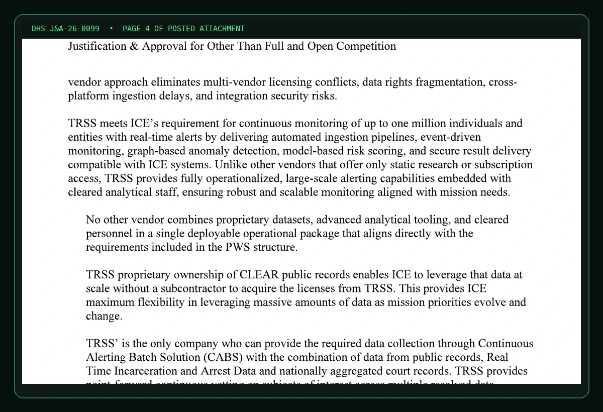 Documentary excerpt from page 4 of DHS J&amp;A-26-0099 showing continuous monitoring capacity, real-time alerts, graph-based anomaly detection, and model-based risk scoring.