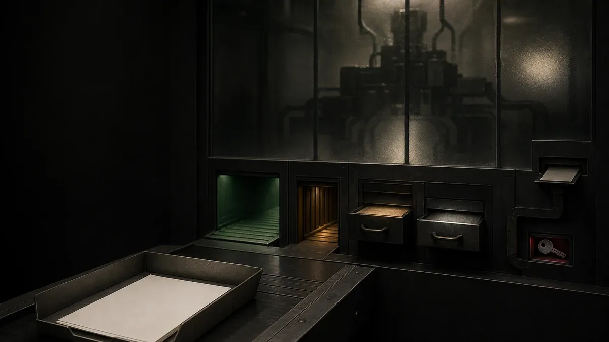 Conceptual editorial artwork of creator work entering an opaque private sorting chamber with open, narrowed, sealed, and key-revocation outcomes.