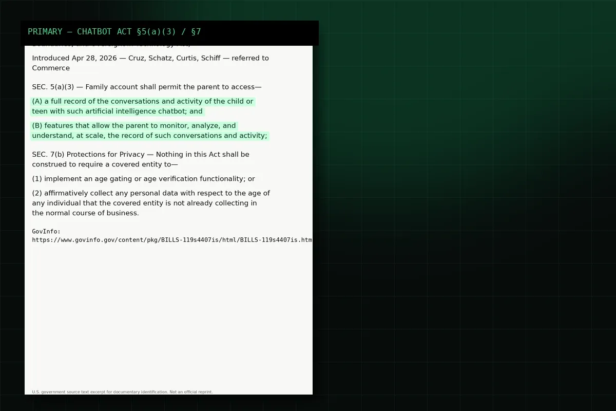 Documentary excerpt of CHATBOT Act §5(a)(3) full-record / at-scale language and §7 privacy theater.