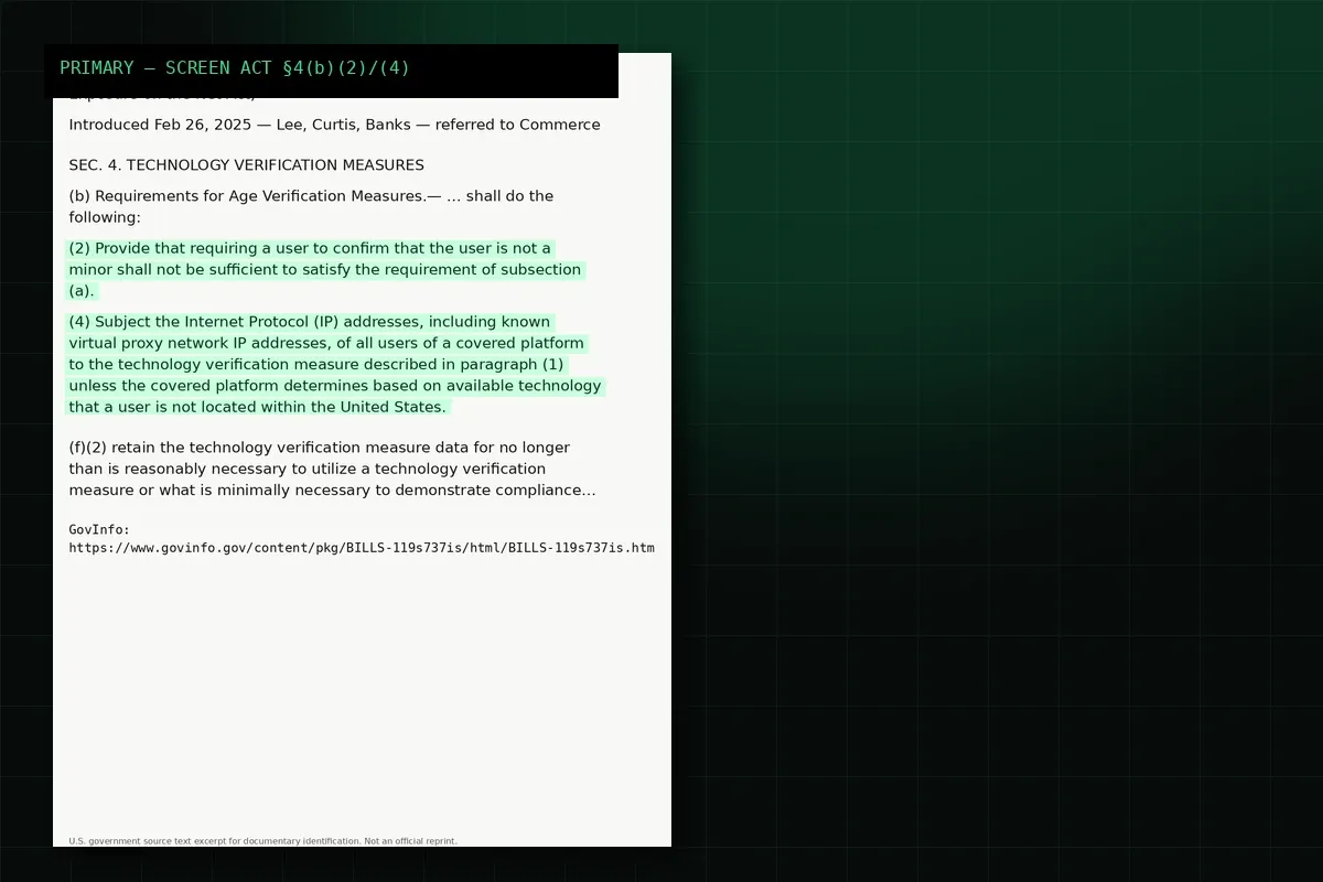Documentary excerpt of SCREEN Act §4(b)(2) attestation ban and §4(b)(4) VPN/proxy IP language.