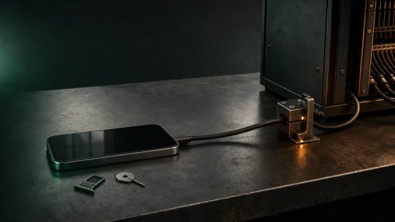 Conceptual editorial artwork of an owned smartphone still tethered through a steel clamp to a private network cabinet, beside an open SIM tray and plain key.