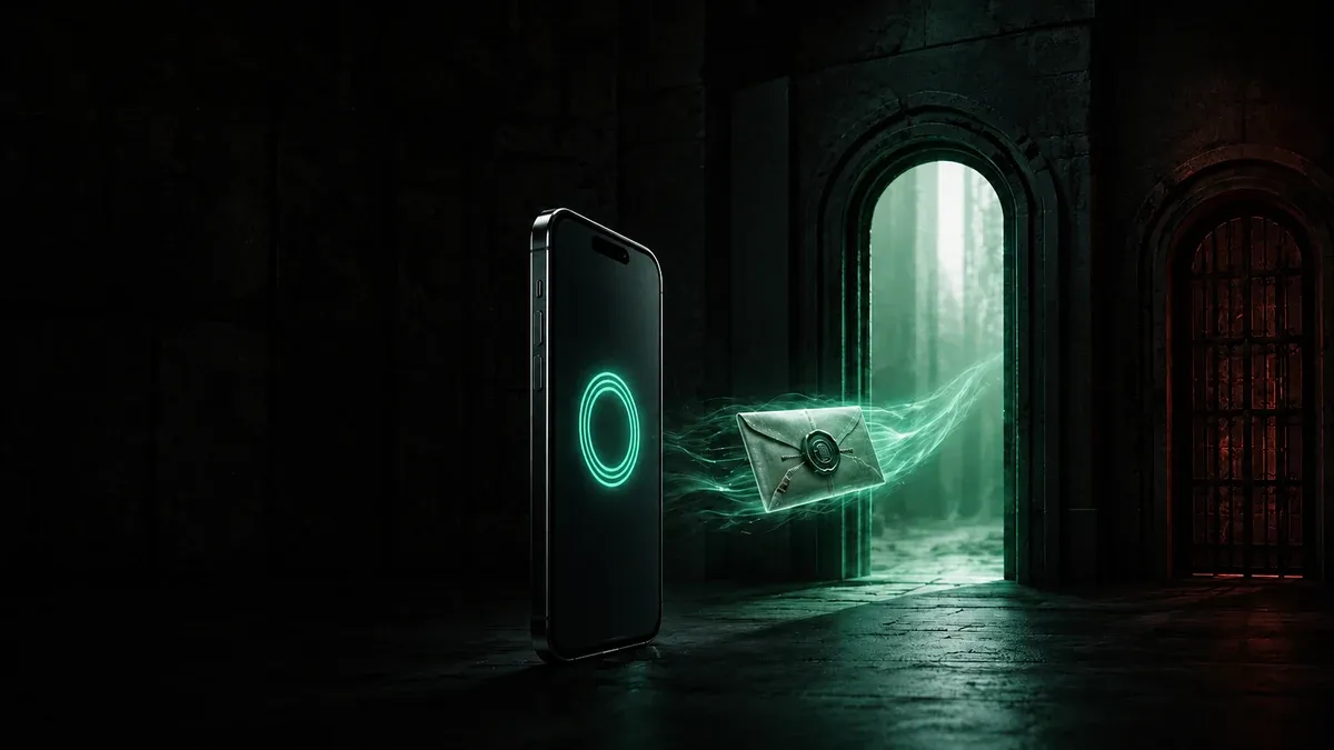 Conceptual editorial artwork of a dark-screened phone sending an opaque sealed token toward a controlled doorway, illustrating remote attestation without depicting a real protocol or interface.