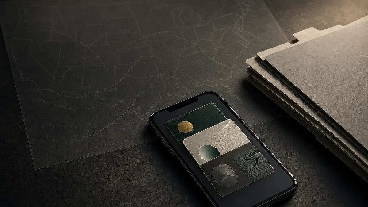 Conceptual editorial artwork of a mobile identity wallet beside separate government record files over a faint, incomplete map, illustrating SB 169’s distinct wallet and interstate-record provisions.