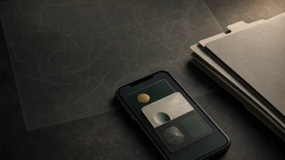 Conceptual editorial artwork of a mobile identity wallet beside separate government record files over a faint, incomplete map, illustrating SB 169’s distinct wallet and interstate-record provisions.