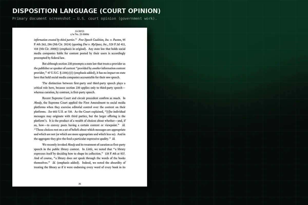 Documentary crop of the Fifth Circuit disposition language affirming as to CCIA/NetChoice and vacating/remanding as to SEAT.