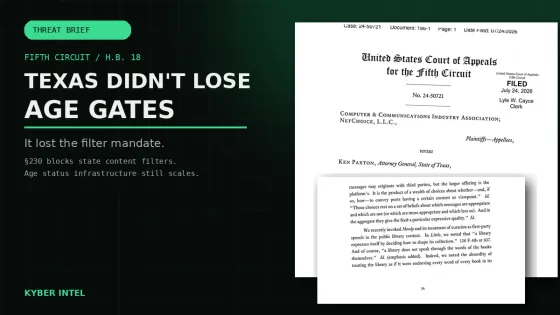 Kyber Intel title treatment over Fifth Circuit opinion pages: Texas didn't lose age gates; it lost the filter mandate.