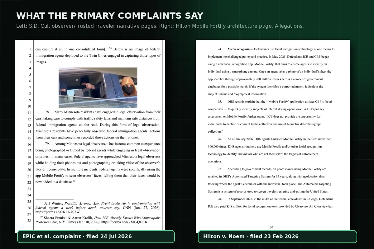 Side-by-side public complaint page excerpts from the Southern District of California Trusted Traveler filing and the Maine Hilton Mobile Fortify architecture page.