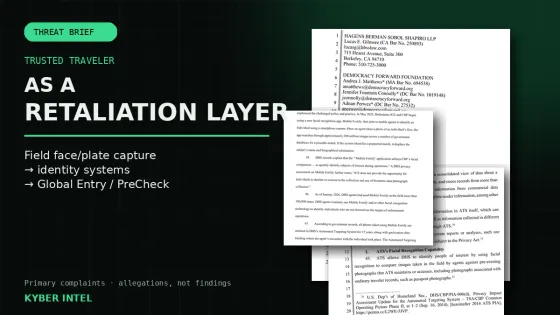 Kyber Intel title treatment over public complaint pages describing Trusted Traveler status and field biometric capture.