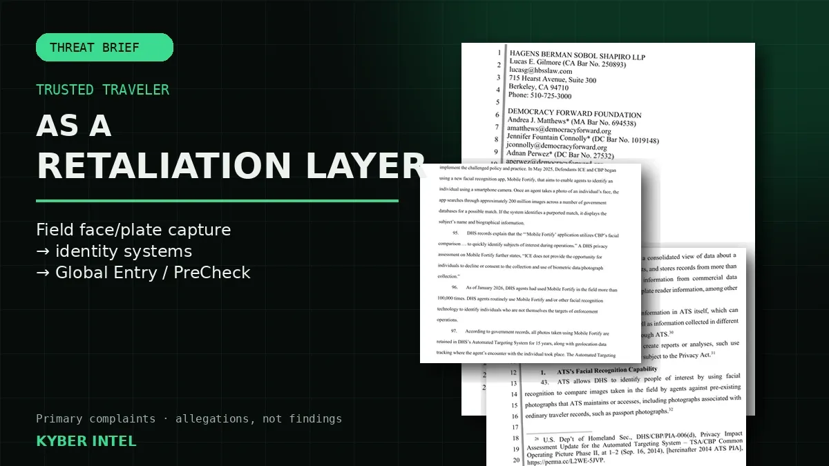 Kyber Intel title treatment over public complaint pages describing Trusted Traveler status and field biometric capture.