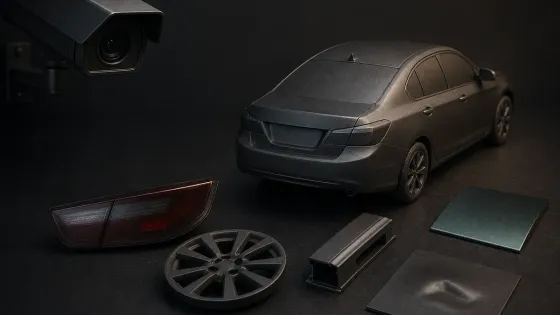 Conceptual editorial artwork of a featureless model car beside separate taillight, wheel, roof-rack, paint, and damage specimens under an austere camera lens.